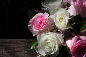 Wedding bouquet on weathered wooden ladder. Spanish country style background