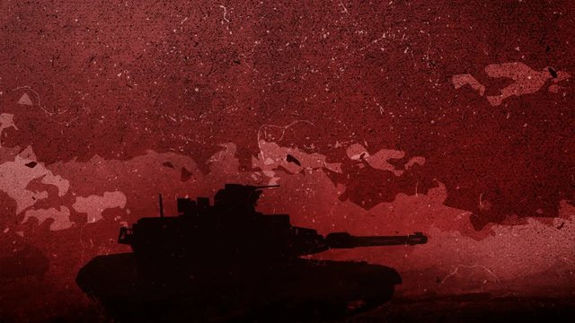 Hand drawn silhouette of a War Tank is moving in the rough battlefield, slow downs and stops in the centre of the screen for a while in front of the red sky, dawn with the moving clouds Hand Drawing a