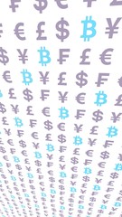 Bitcoin and currency on a white background. Digital Cryptocurrency symbol. Business concept. Market Display. 3D illustration
