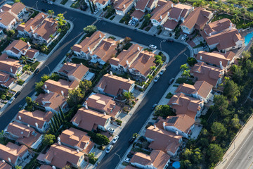 Aerial view of tightly packed homes in the San Fernando Valley area of Los Angeles, California.