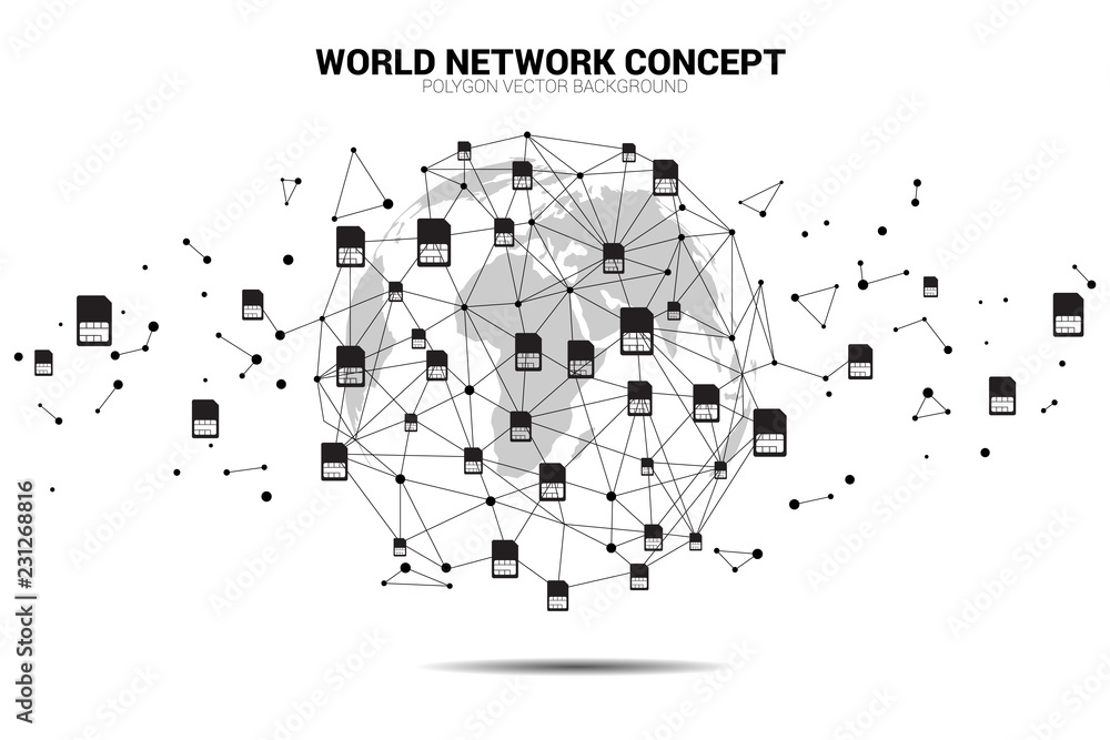 Poster Vector Polygon dot world globe wrap with dot connect line shaped and sim card icon . Concept for international sim card service  and network.
