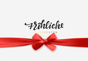 German text Frohliche Weihnachten. Merry Christmas Holiday background. Handwritten text, realistic textured pattern, pull ribbon bow.