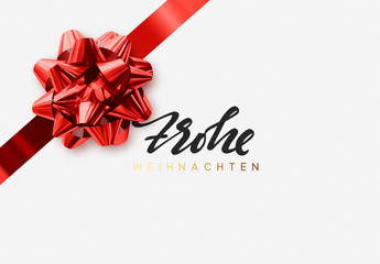 German text Frohe Weihnachten. Merry Christmas Holiday background. Greeting card with lush red bow