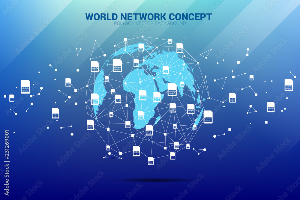Poster Vector Polygon dot world globe wrap with dot connect line shaped and sim card icon . Concept for international sim card service  and network.