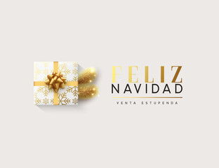 Spanish text Feliz Navidad. Vector illustration letttering Merry Christmas, gift box closed wrapped ribbon with bow. Xmas greeting card, banner, poster.