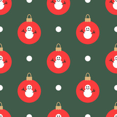 Christmas balls with smiling snowmen.  Seamless pattern