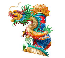 Obraz premium Gold Dragons statue on red pillar isolated on white background,Art of Shrine Chinese