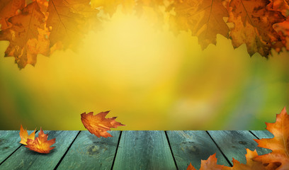 Naklejka na ściany i meble Autumn leaves on wooden table background