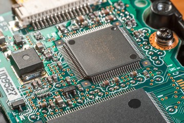 Computer chip on motherboard macro. Computer technology concept