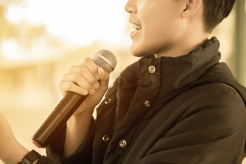 Seminar Conference Concept: Smart businessman speech and speaking with microphones in seminar room...