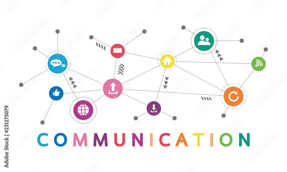 Poster vector illustration of a communication concept. the word communication with colorful dialog speech b