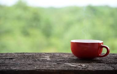 Hot coffee Red Coffee Cup wooden table morning nature
