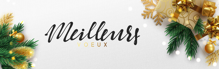 French text meilleurs voeux. Christmas banner, Xmas sparkling lights garland with gifts box and golden tinsel. Horizontal christmas posters, cards, headers, website.