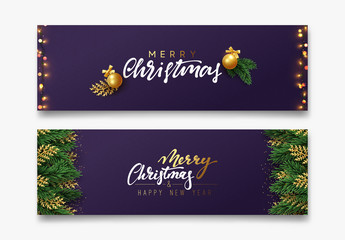 Christmas vector background. Xmas sale, holiday web banner. Design christmas decorations string lights, gold balls. Green and golden pine branches