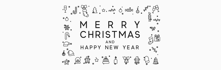 Merry Christmas and Happy New Year horizontal banner with xmas decorative elements line style