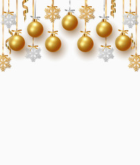 Fototapeta na wymiar Christmas golden balls background. Festive xmas decoration gold bauble and bright snowflake, hanging on the ribbon.
