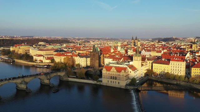 Panoramic view from above on the Prague Old Town, aerial view of the city, view from above over Prague, flight over the city, top view, Vltava River, Charles Bridge. Prague, Czechia