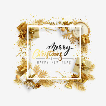 Christmas bright background with golden decorations. Xmas greeting card. Happy New Year. Festive objects in the form of border gold gifts, bauble balls, shiny snowflake, old watches and tinsel