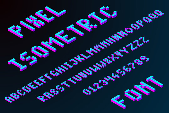 3d pixel isometric font in modern color. big data or server letters. stock vector illustration
