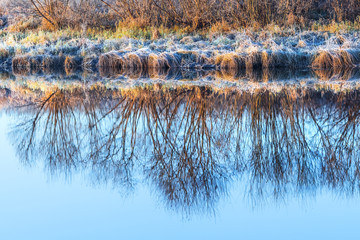 Autumn landscape, frosty morning by the river. Western Siberia