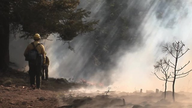 Firefighters standing watch over burned out area, sunlight streaming thru smoke