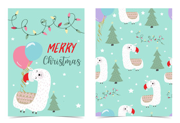 Green hand drawn cute card with llama,christmas tree,light,balloon and star in merry christmas