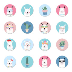 Green hand drawn cute element with llama,cactus and glasses in merry christmas