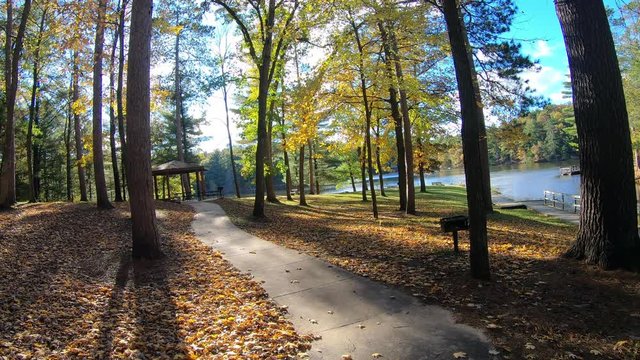 Mirror Lake Picnic Shelter in Autumn sunlight