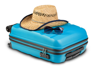 Plastic suitcase with hat and sunglasses isolated on white background