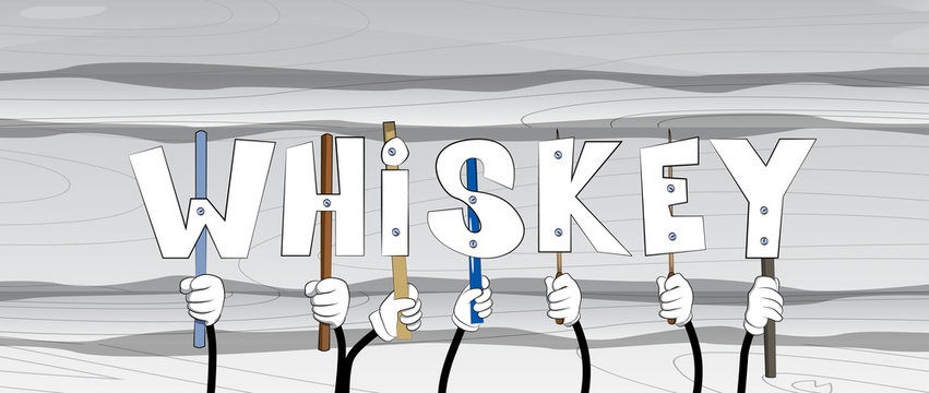 Diverse hands holding letters of the alphabet created the word Whiskey. Vector illustration.