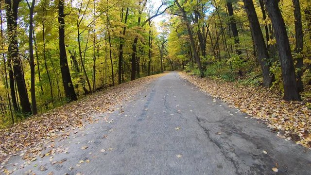 Driving on colorful winding Autumn forest road through Devil's Lake State Park in Wisconsin