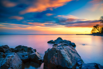 Beautiful sunset at Lake Superior with blue sky and long exposure