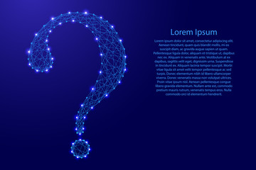 Question mark icon map from futuristic polygonal blue lines and glowing stars for banner, poster, greeting card. Vector illustration.