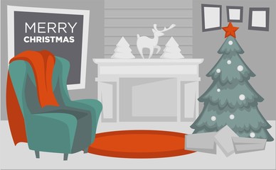 Christmas winter holidays, furniture and interior of rooms vector.