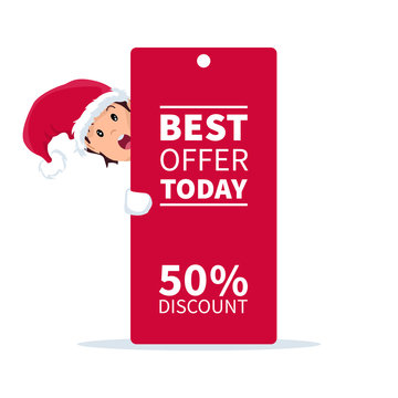 Santa claus elf with promotion sign and discount for christmas