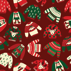 Seamless Vector Ugly Christmas sweaters pattern. Knitted winter jumpers with norwegian ornaments and decorations. Holiday background green, red, white for fabric, gift wrap, greeting cards, posters