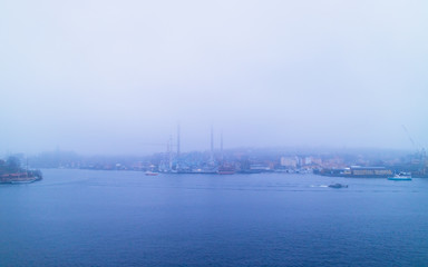 Misty view of the river and Stockholm city