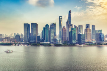 Aerial panorama view on Shanghai, China. Beautiful daytime skyline with skyscrapers and the Hunapu river.