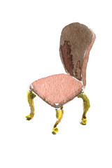 Watercolor hand-paint. Classic chair with pink color upholstery. Illustration isolated on white.