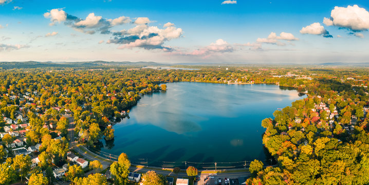 Aerial panorama of Lake Parsippany, in New Jersey, on an sunny autumn afternoon