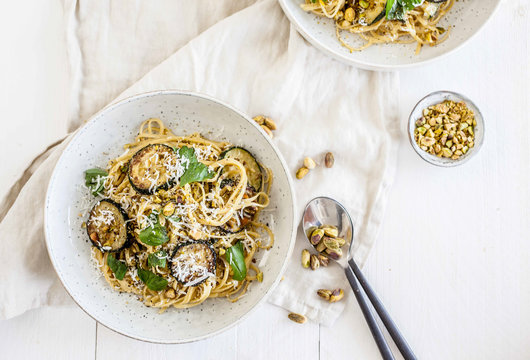 Linguine with zucchini & pistachio