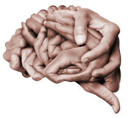 A human brain made with hands, different hands are wrapped together to form a brain. Colored with...