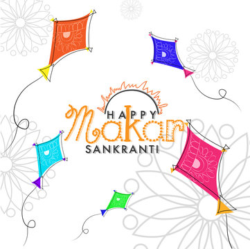 Happy Makar Sankranti greeting card design with doodle illustration of flying kites on white floral background.