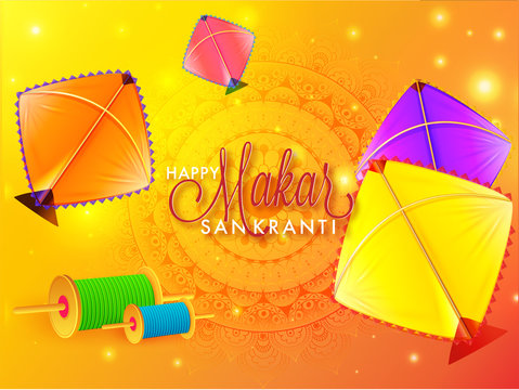 Indian Festival celebration background decorated with colorful kites and spools. Can be used as greeting card design.