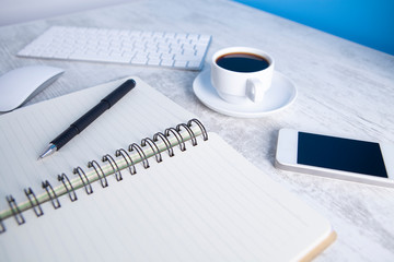 Office supplies on the wooden desk