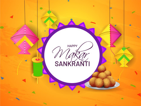 Happy Makar Sankranti poster or greeting card design with colorful kites and Indian dessert on orange texture background.