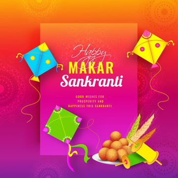 Indian Festival celebration greeting card design with colorful kites, spools and Indian dessert on glossy floral background.