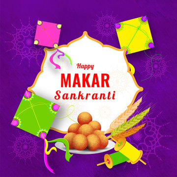 Happy Makar Sankranti greeting card design with colorful kites, spools and Indian dessert on purple floral background.