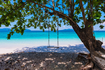 Wooden swing hanging under the tree on the beach withbeautiful tropical island