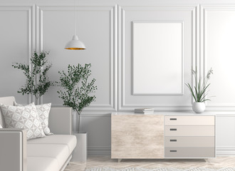 Mock up poster frame in Scandinavian style hipster interior. 3D illustration